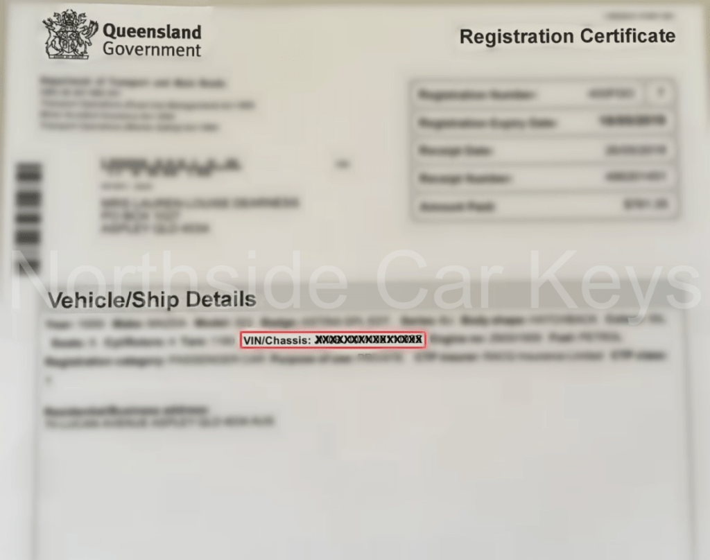 VIN Location on QLD Rego Certificate example