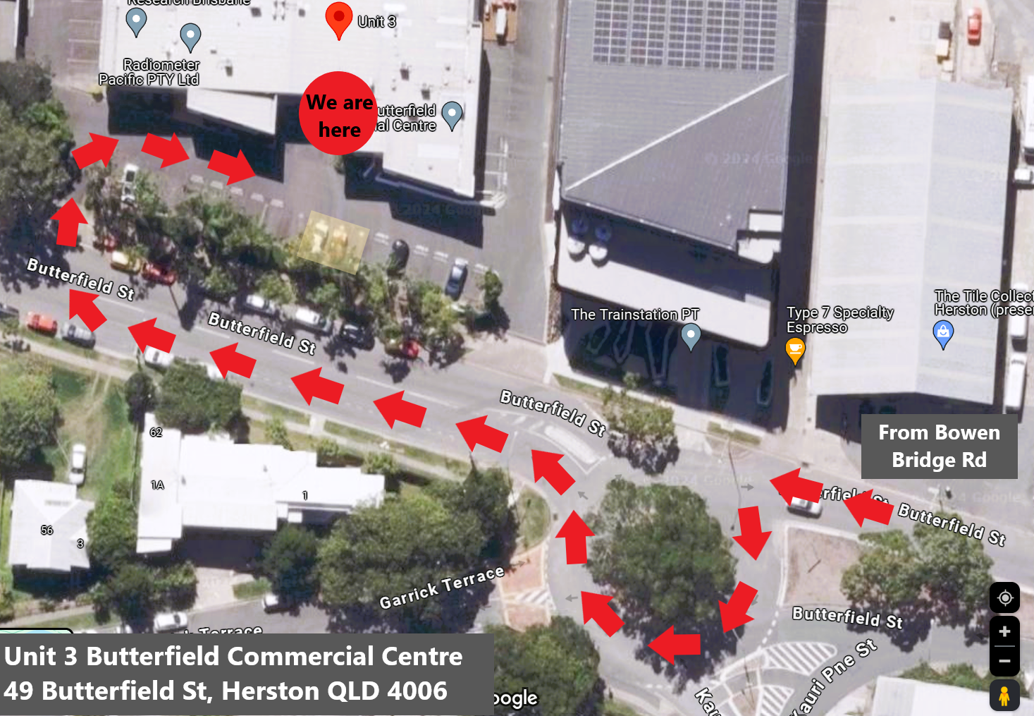 Map view of Butterfield st showing entrance via 2nd driveway into Butterfield Commercial Centre
