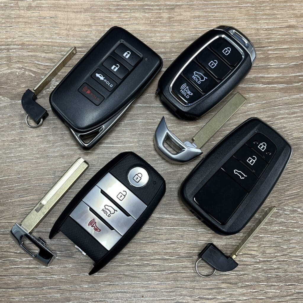 Smart keys for lexus, Hyundai, Kia and Toyota with emergency keys removed as examples