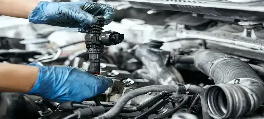 Auto locksmith mechanic performing engine component repairs, expertly serviced by Northside Car Keys.